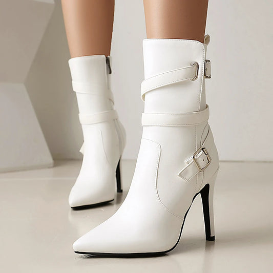 Plus Size Cross Metal Belt Buckle Pointed Ultra-High Thin Heel Side Zipper Sexy Boots Breathable Interior Fashion Mid-calf Boots