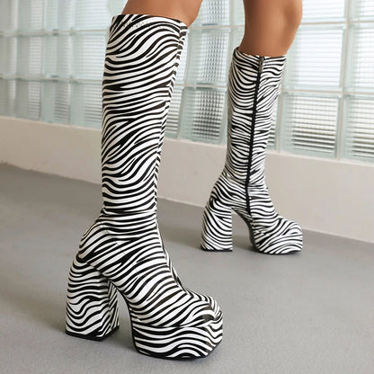 Plus Size Square Toe Platform Super High Thick Heel Snake Print Knee High Boots Popular Zebra Print Side Zipper Women's Boots