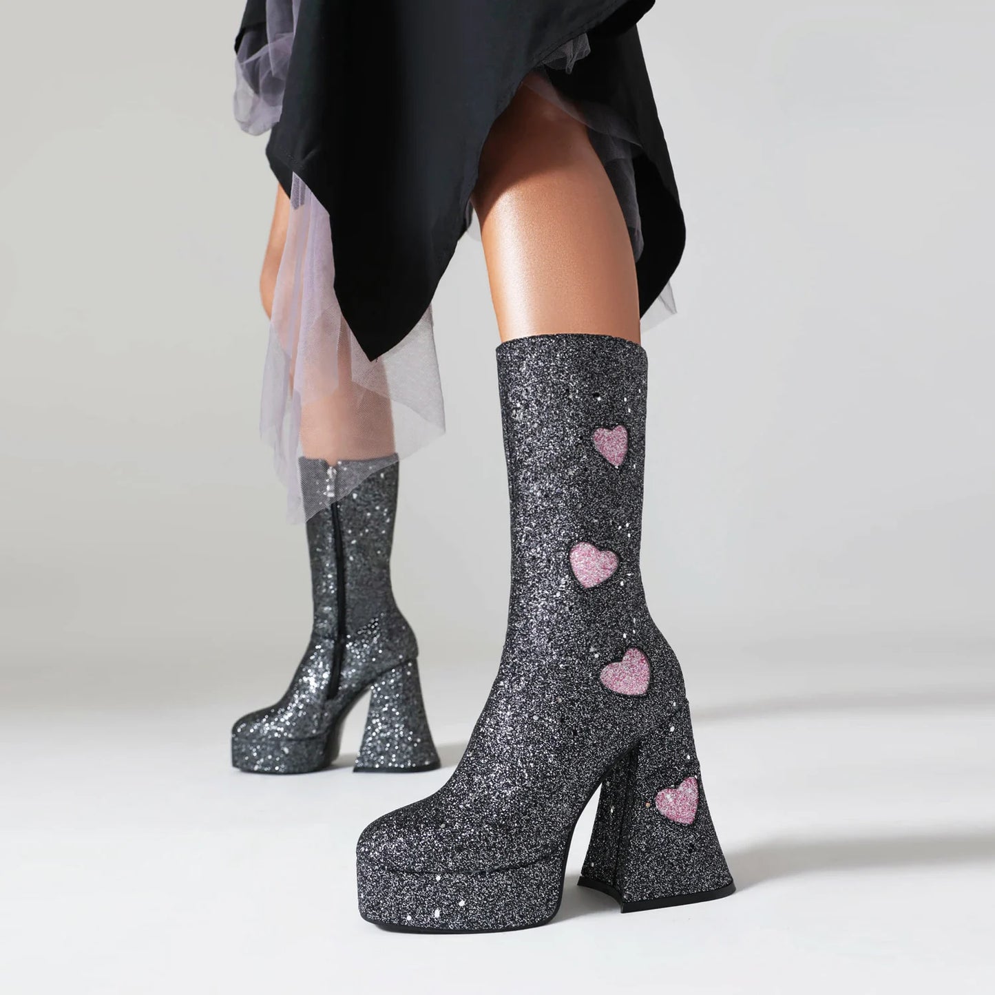 Heart Shaped Sequin Fabric Material Color Block Women's Mid Boots Platform High Shaped Conical Heel Thick Plush Lining Boots