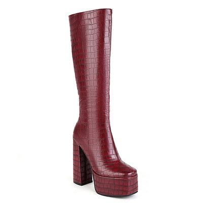 Stone Pattern Fashion Street Catwalk Boots Checkered Stripe Ultra-High Platform Side Zipper Plush Lining Women's Knee-High Boots