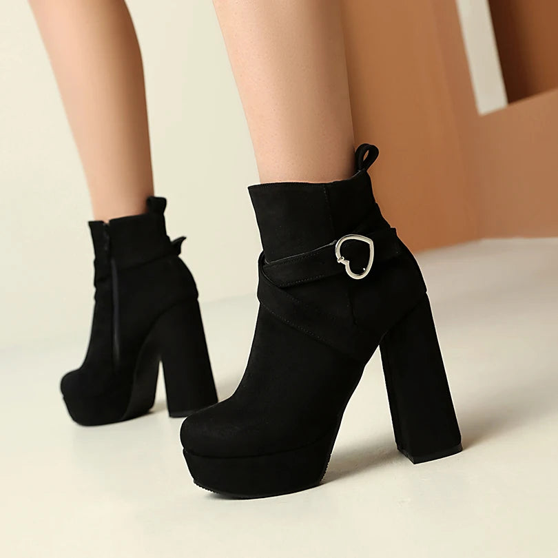 Cross Thin Heart-Shaped Metal Decoration Cow Suede Women's Short Boots Platform High Thick Heel Side Zipper New Ankle Boots