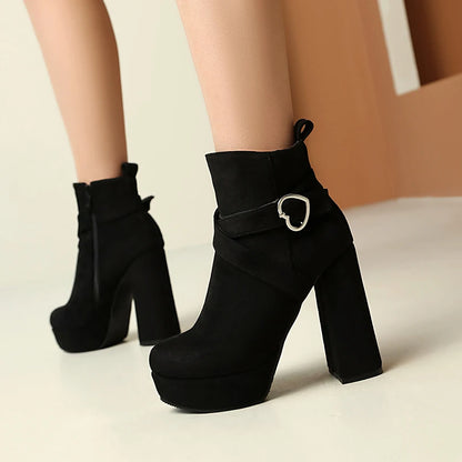 Cross Thin Heart-Shaped Metal Decoration Cow Suede Women's Short Boots Platform High Thick Heel Side Zipper New Ankle Boots