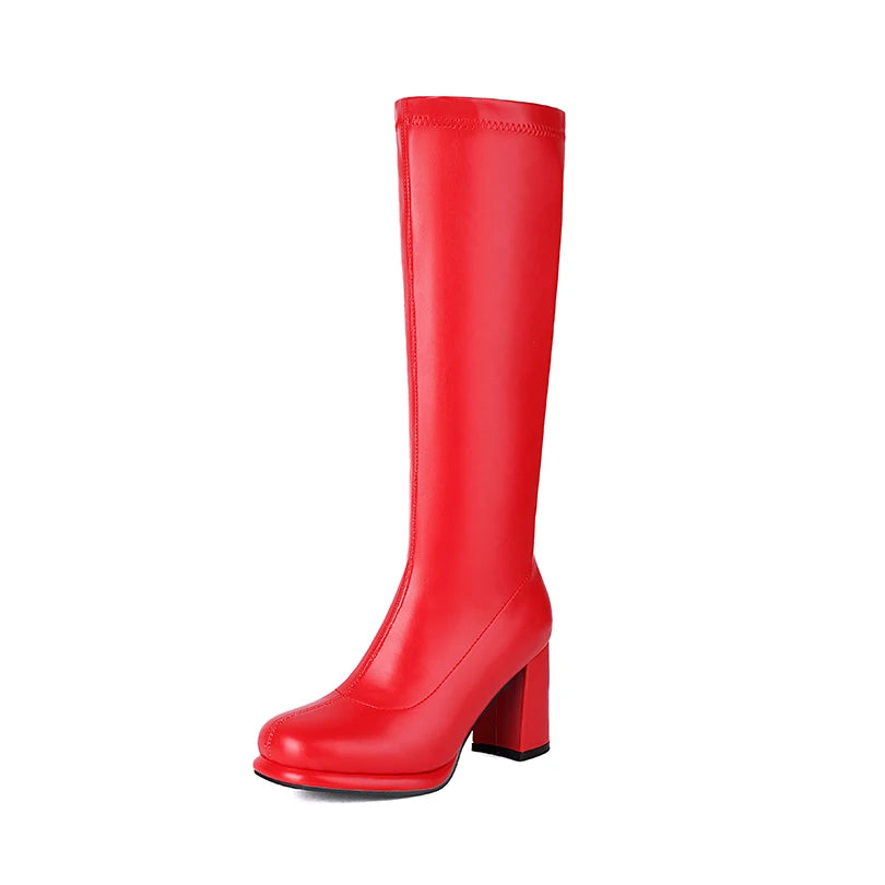 Plus Size Round Toe Platform Ultra-High Thick Heel Sewing Slip-On Women's Knee High Boots Concise Style Knight Boots