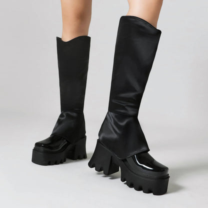 Soft Elastic Fabric Stitching Shiny Patent Leather Square Toe Extra High Height Thick Heel Knee High Boots Platform Zipper Boots