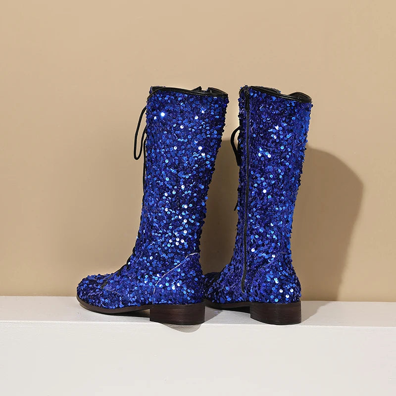 Circle Sparkling Sequin Material Novelty Women's Knee Length Boots Cross Lace Side Zipper Shiny Color Changing Unique Boots