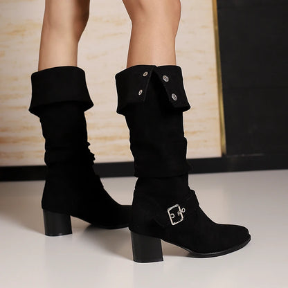 Plus Size Flipped Rivet Ankle Metal Buckle Retro Knight Boots Pointed Toe Thick Heel Frosted Velvet Material Knee High Boots