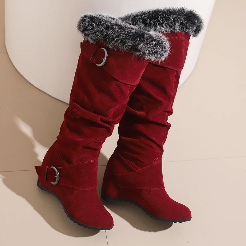 Fur Splicing Frosted Flock Material Double Row Metal Belt Buckle Knee High Boots Round Toe Sloping Heel Flat Bottom Warm Boots