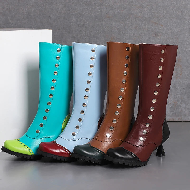 Plus Size Shaped Wine Cup Heel Side Zipper Colored Women's Knee Length Boots Round Metal Rivets Novelty Sweet Knight Boots