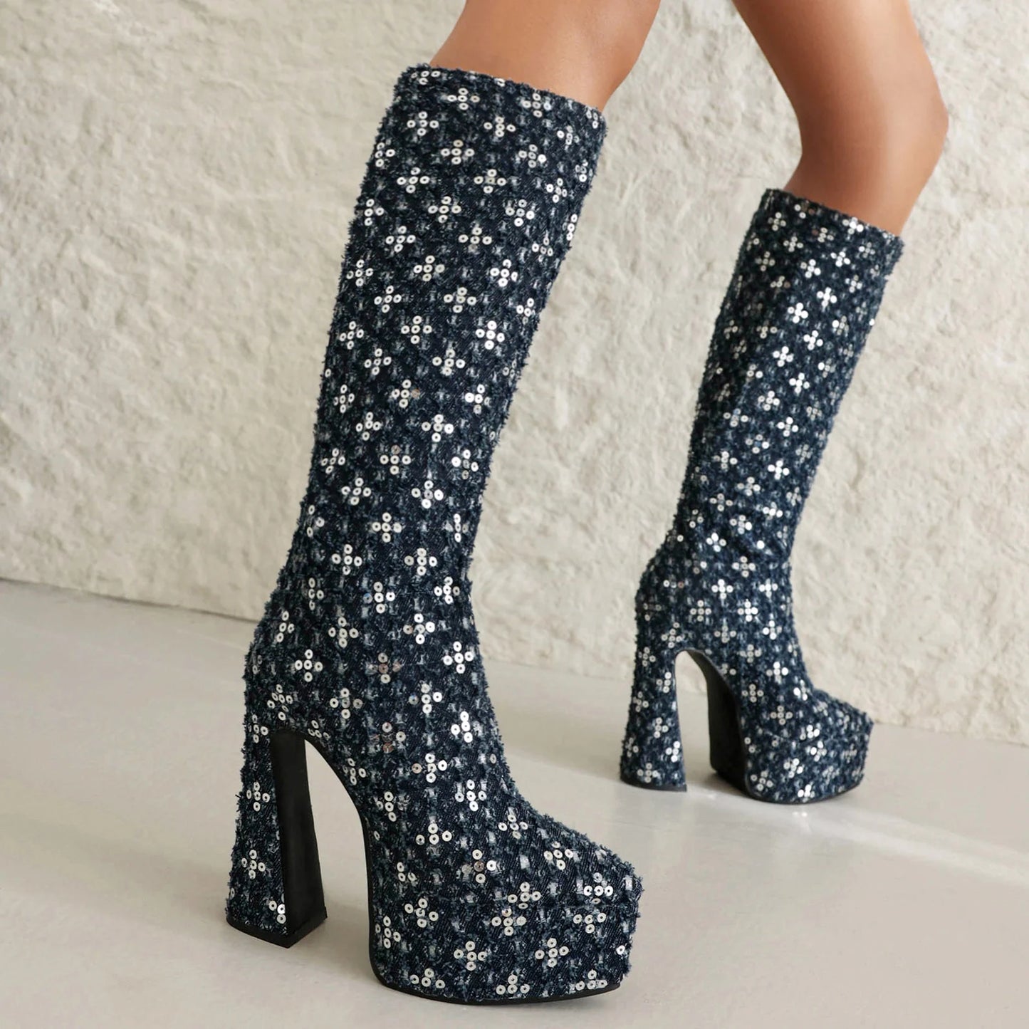 Pointed Ultra-High Contoured Hollowed Out Heel And Gretel Sequin Novel Knee Boots With Breathable Lining Denim Sequin Boots