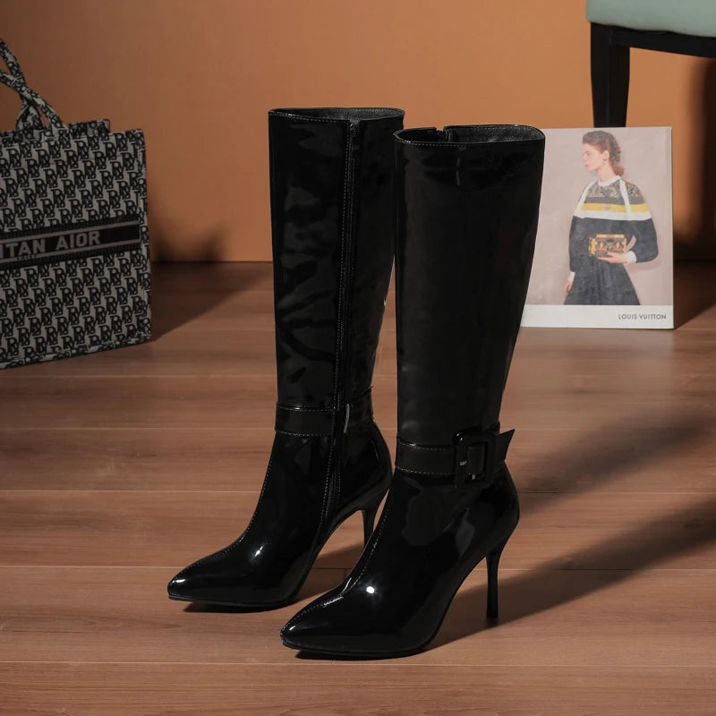 Plus Size Glossy Patent Leather Pointed Toe Ultra-High Slim Heels Sexy Knee High Boots Ankle Strap Buckle Winter Long Boots