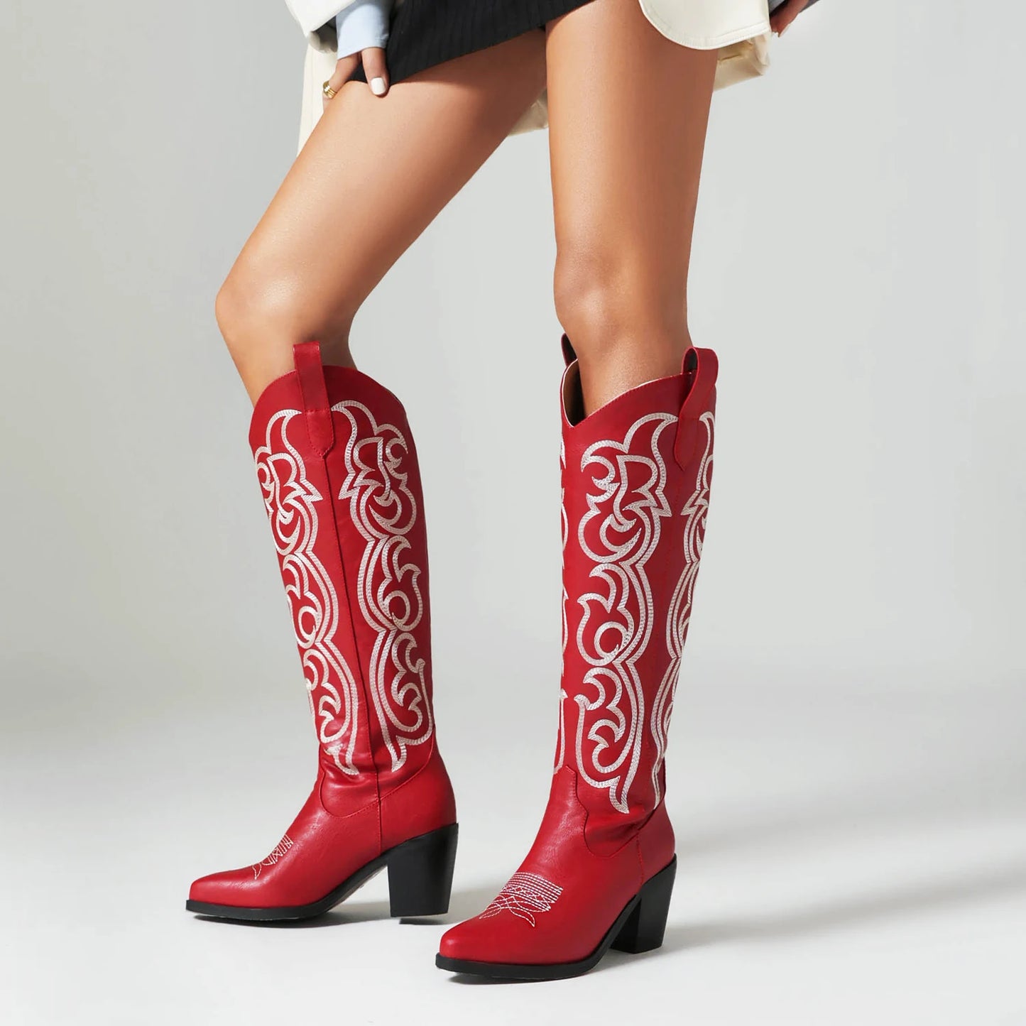 2024 Embroidered Stripe Pointed Thick Heel Breathable Inner Western Boot Upper Embroidered Slip-On Autumn Knee Length Boots