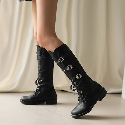 Plus Size Three Row Metal Belt Buckle Cross Tie Punk Style Western Boots With Round Toe Thick Heel Plush Lining Women's Boots