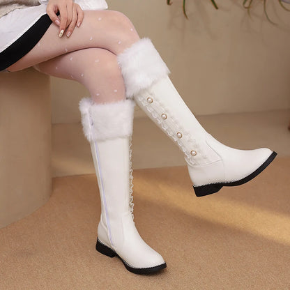 Fur Splicing PU Winter Warm Knee Boots For Students With Pearl Rivets Lace Edges Side Zippers Lolita Style Long Boots 2024 New