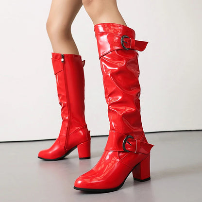 Round Toe Thick Heel Lacquered Leather Upper Side Zipper Knee High Boots Double Row Circular Metal Belt Buckle Breathable Boots