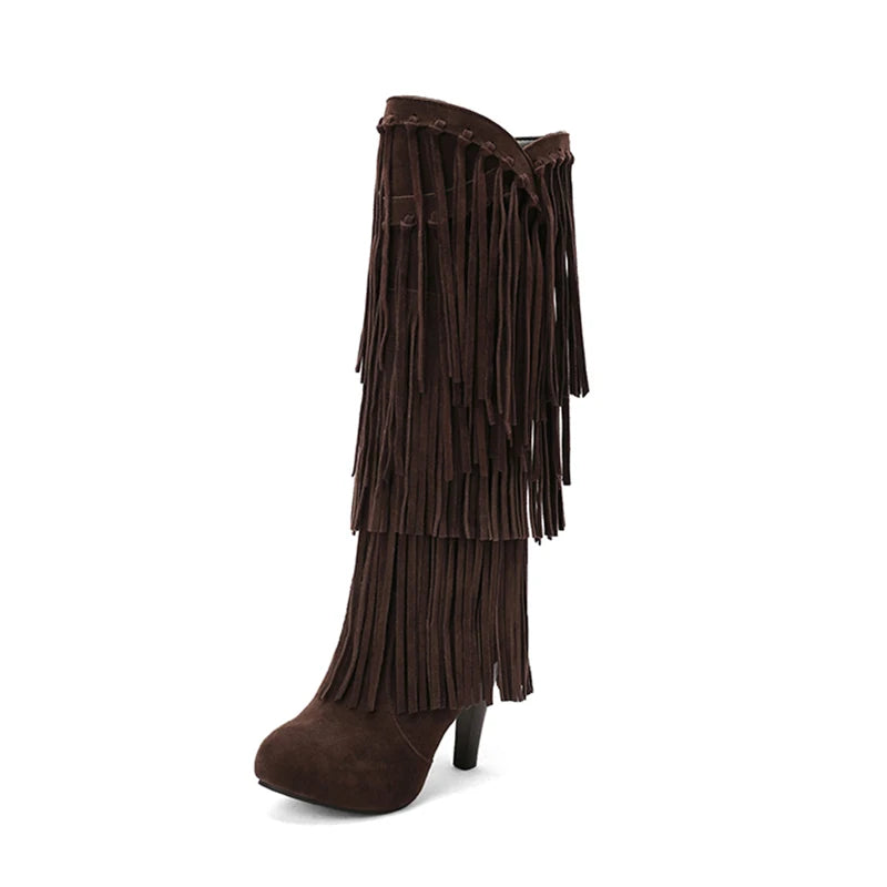 New High-Heeled V-Neck Fringed Women's Boots