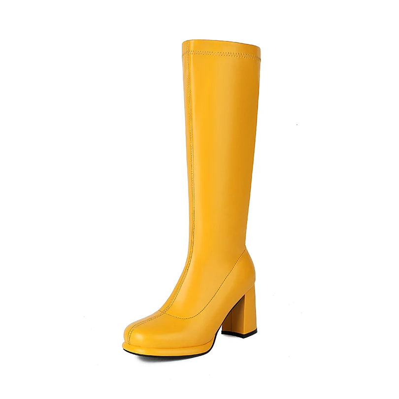 Plus Size Round Toe Platform Ultra-High Thick Heel Sewing Slip-On Women's Knee High Boots Concise Style Knight Boots