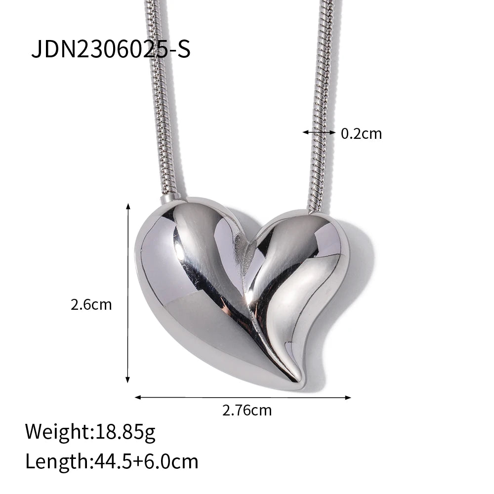 Youthway Gold Silver Color Exaggerated Big Heart Shaped Stainless Steel Stud Earrings Pendant Necklace Set Female Jewelry