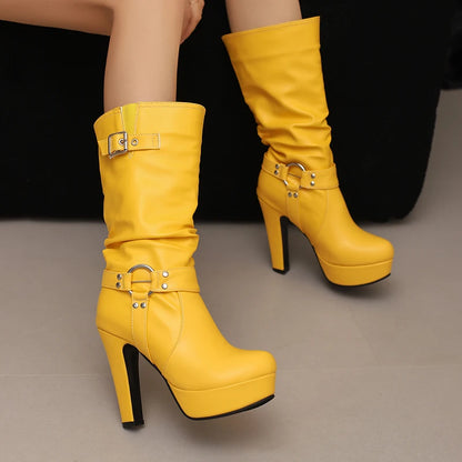 Plus Size Rivet Circular Buckle Slip-On Women's Mid Length Boots Platform Ultra-High Thick Heel Winter New Fashion Boots