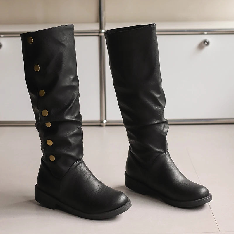 Plus Size Round Toe Thick Heel Short Plush Inner Rivet Button Women's Knee High Boots Classic Retro Western Boots