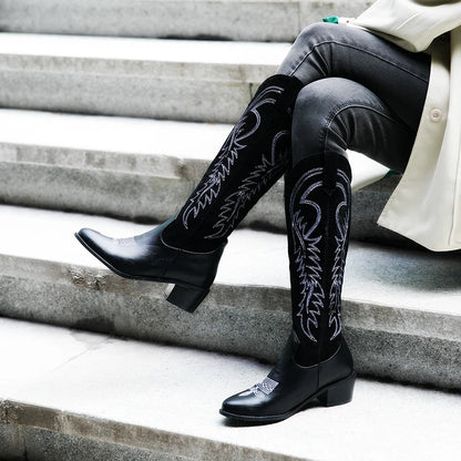 Plus Size Matte Flock Stitching PU Embroidered Popular Western Boots Pointed Thick Heel Slip On Women's Knee Boots