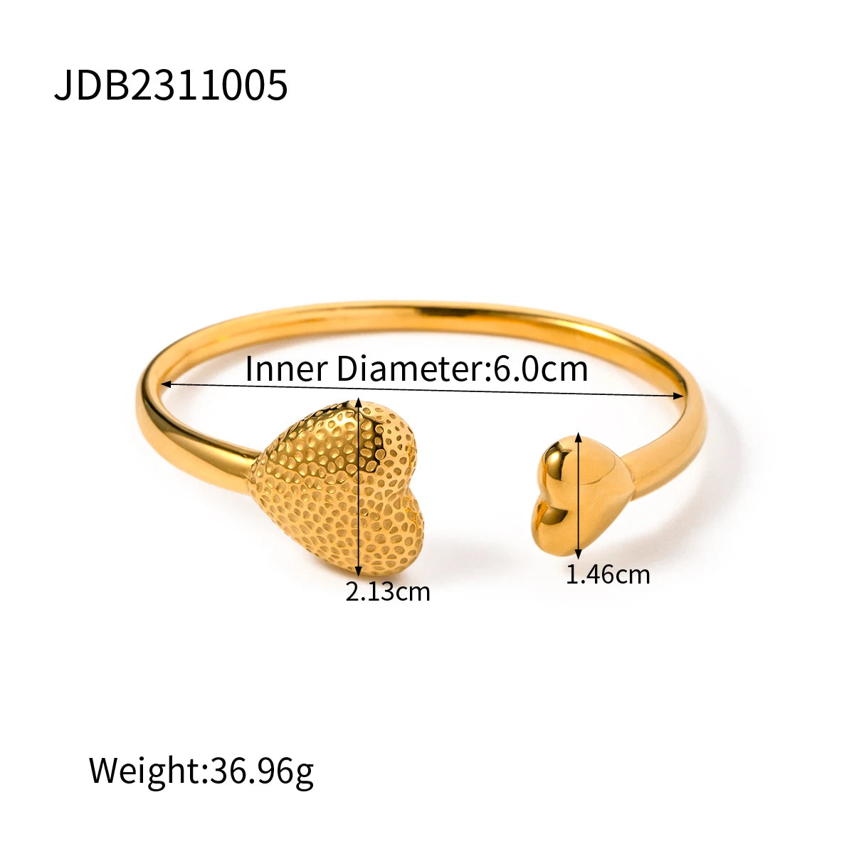 Youthway Stainless Steel Hammer Pattern Love Asymmetric Bangle Trendy Women 18 K PVD Plated High Quality Golden Jewelry