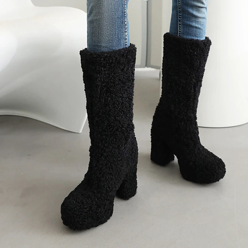 Ultra-High Profiled Thick Heel Caddice Material Women's Knee-High Boots Sheep Shearing Waterproof Platform Winter Warm Boots