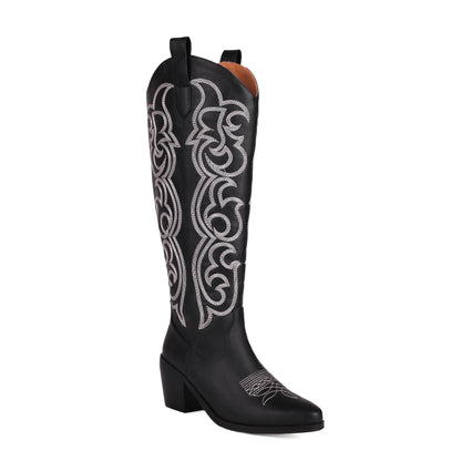 2024 Embroidered Stripe Pointed Thick Heel Breathable Inner Western Boot Upper Embroidered Slip-On Autumn Knee Length Boots