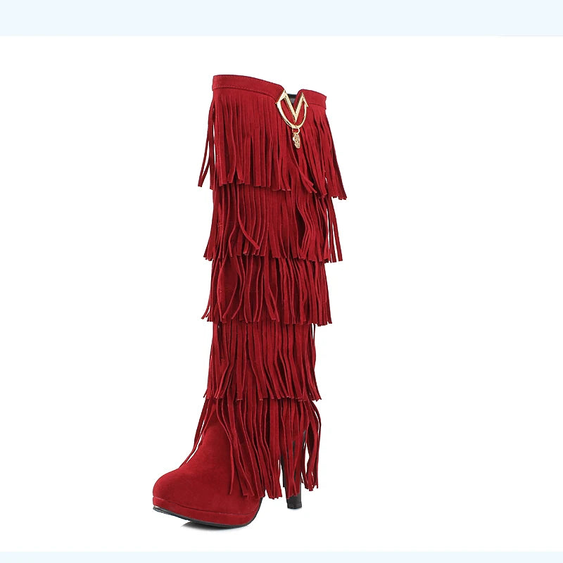 2024 Round Toe Platform Ultra-High Thick Heel Frosted Flock Material Tassel Women's Knee-high  Boots Metal Decoration Warm Boots