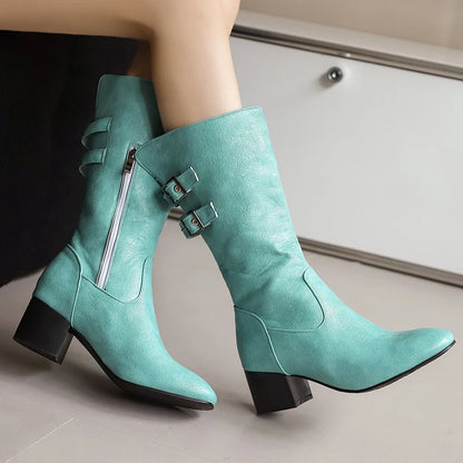 Plus Size Double Row Metal Belt Buckle Side Zipper Western Boots Round Toe Thick Heel Breathable Autumn New Mid-Calf Boots