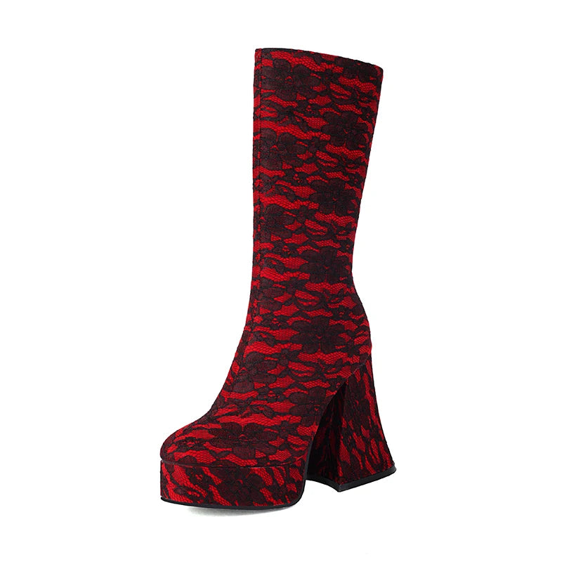 Printed Frosted Velvet Upper High Platform Ultra-High Thick Heel Side Zipper Warm Mid-Calf Boots Irregular Thick Heel Boots