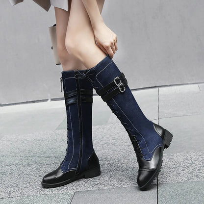 Plus Size Denim Stitched PU Women's Low Heel Knee Boots Cross Lace Calf Double Breasted Buckle Side Zip Plush Lining Women's Boo