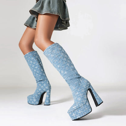 Pointed Ultra-High Contoured Hollowed Out Heel And Gretel Sequin Novel Knee Boots With Breathable Lining Denim Sequin Boots