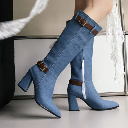 Plus Size Round Metal Belt Buckle Denim Material Knight Boots With Pointed High Thick Heels Women's Knee High Boots