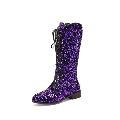 Circle Sparkling Sequin Material Novelty Women's Knee Length Boots Cross Lace Side Zipper Shiny Color Changing Unique Boots