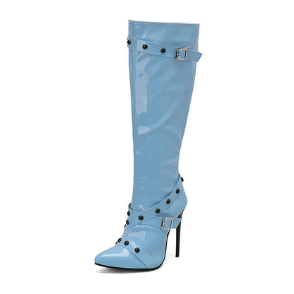 Plus Size Cross Fine Strap Buckle Rivet Side Zipper Pointed Ultra-High Slim Heel Knee Boots Punk Style Belt Buckle New Boots