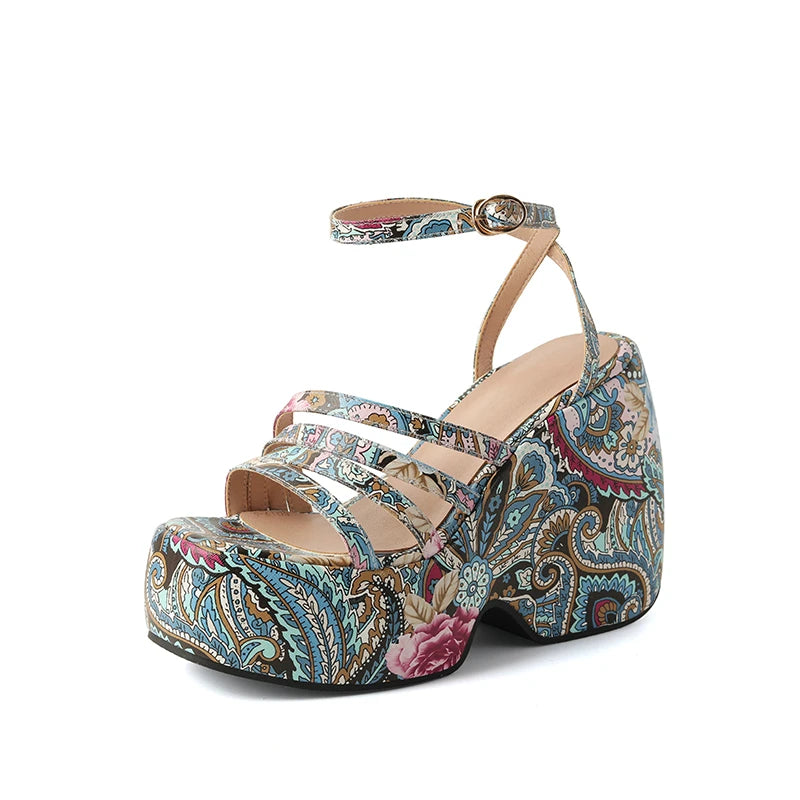 Paisley Flower Print Bohemian Ethnic Women Summer Shoes Designer Open Toe Platform Wedges High Heels Casual Sandals For Woman