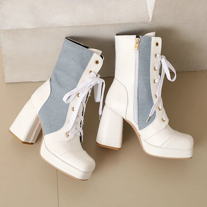 Oversized 46 47 White Blue Mixed Color Denim Shoes Women Cowboy Block High Heels Boot Lace-up Platform Ankle Goth Winter Boots