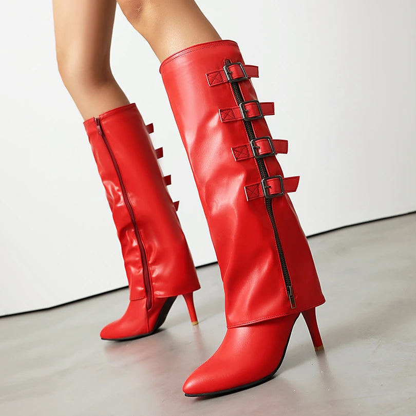 Plus Size Four Row Metal Belt Buckle Pointed Super High Thin Heel Sexy Knee High Boots Turned Over Edge Side Zipper Fashion Boot