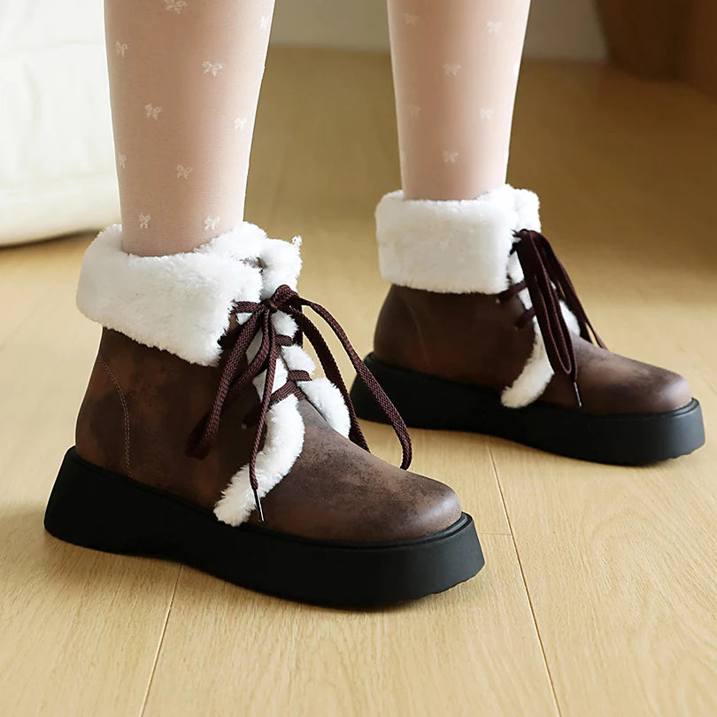 Fur Splicing PU Classic Retro Thick Plush Inner Winter Long Short Boots Flat Heel Thick Bottom Warm Tie Up Snow Boots