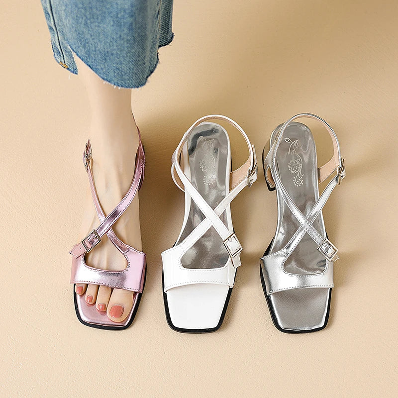 Patent Leather Pink Silver Open Toe Casual Dress Shoes Summer New Footwear Cross-strap Chunky Med Heels Designer Lady Sandals