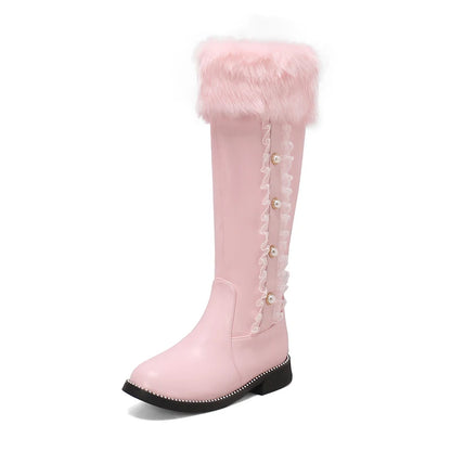 Fur Splicing PU Winter Warm Knee Boots For Students With Pearl Rivets Lace Edges Side Zippers Lolita Style Long Boots 2024 New