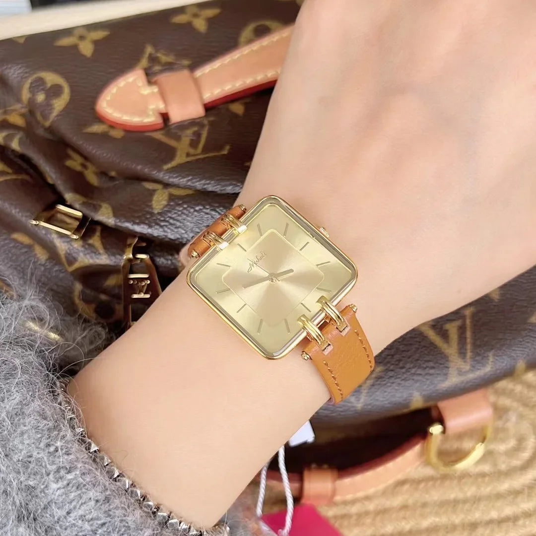 Retro Rectangle Gold Leather Women's Watch Leisure Quartz Japanese Movement Waterproof Clock Office Women's Watch Montes Femmes