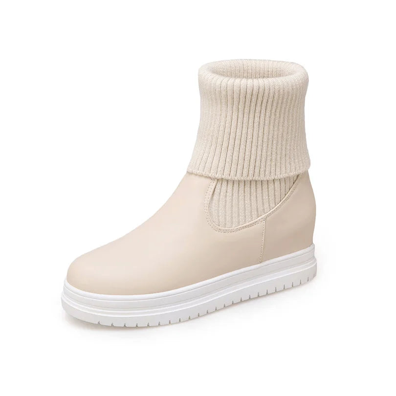 Knitting Wool Splicing PU Slip-On Women's Mid-calf Boots With Flat Heels And Thick Soles For Winter Warmth Office Boots