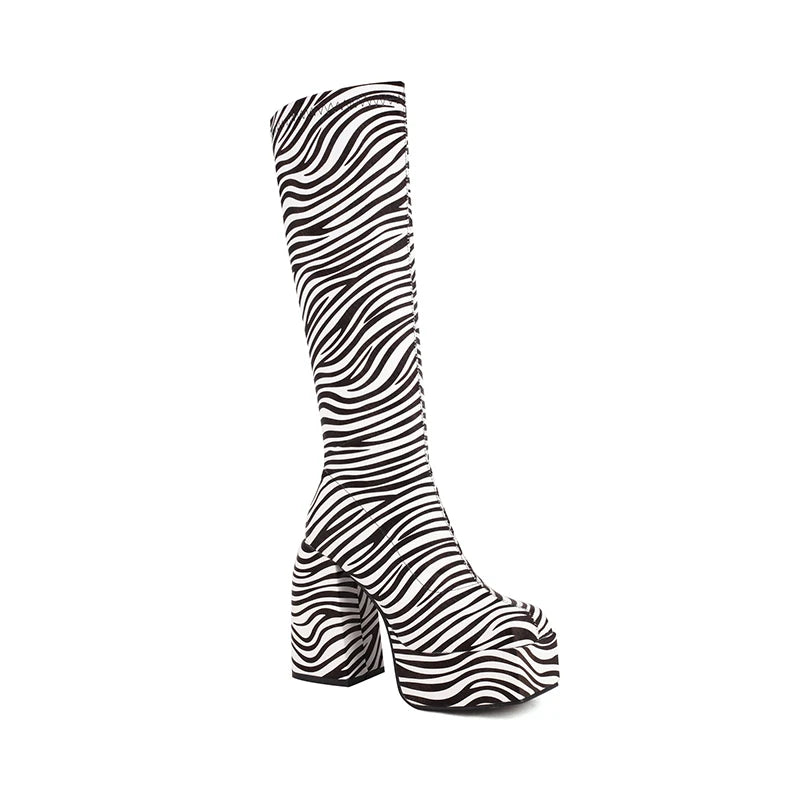 Plus Size Square Toe Platform Super High Thick Heel Snake Print Knee High Boots Popular Zebra Print Side Zipper Women's Boots