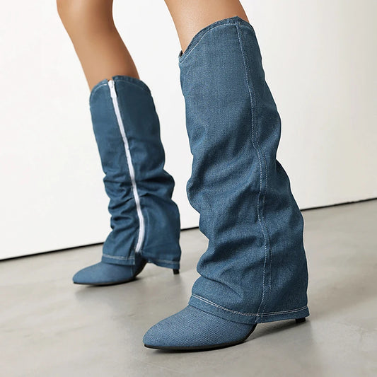 Plus Size Turned Over Edge Denim Side Zipper Fashion Knee High Boots Pointed Tips Ultra-High Slim Heels Breathable Long Boots