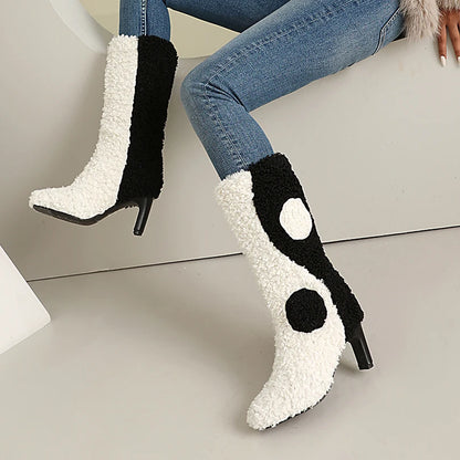 Plus Size Lamb Fur Color Blocked Circular Pattern Irregular Thick Heel Slip On Mid Length Boots Plush Lining Winter Snow Boots