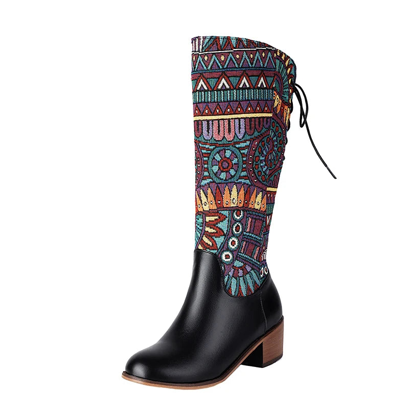 Plus Size Ethnic Style Pattern Printed Fabric Splicing PU Long Boots Cross Tie Straps Zippers Wood Grain Thick Heel Knee Boots