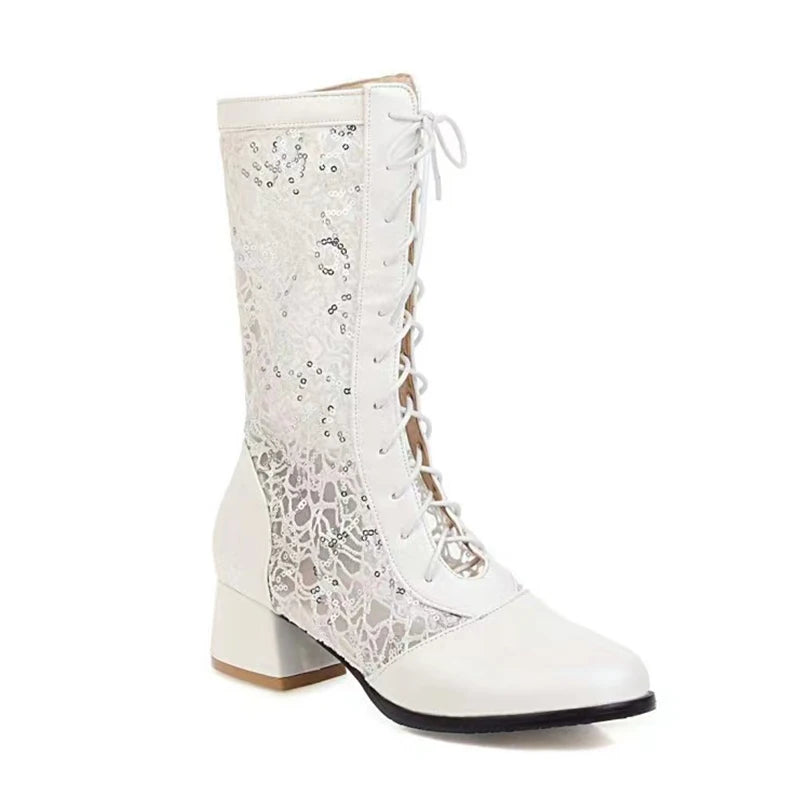 Weave Hollow Lace Patchwork Pu Cross Tie Summer Breathable Mid Length Boots With Round Toe Thick Heels Summer Cool Boots