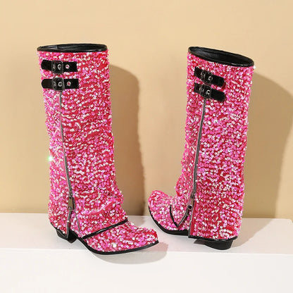 Circle Glitter Flipped Zipper Mid-Calf Boots