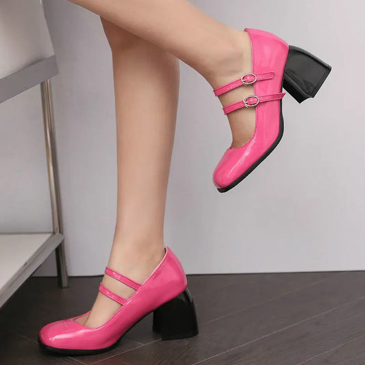 Chunky High Heels Double Buckle Strap Retro Mary Janes Pumps shoes